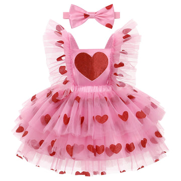 Idopip First Valentine'S Day Baby Girl Outfit Sequin Heart Tutu Dress Ruffle Sleeveless Princess Birthday Party Dresses Toddler