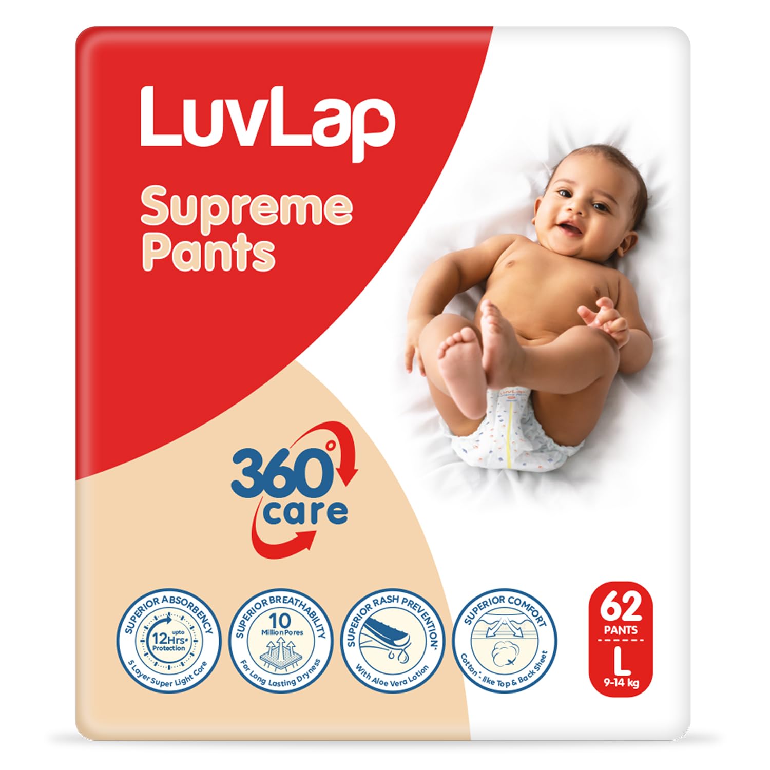Luvlap Supreme Diaper Pants Large (Lg) 9 To 14Kg, 62Pcs, 360 Skin Care With 10 Million Breathable Pores, Aloe Vera For Superior 