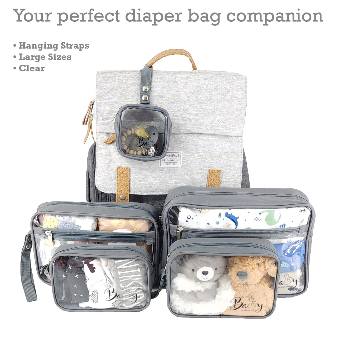 Llama Bella 5 Piece Diaper Bag Organizer Pouch Set, Clear With Straps And Pacifier Case