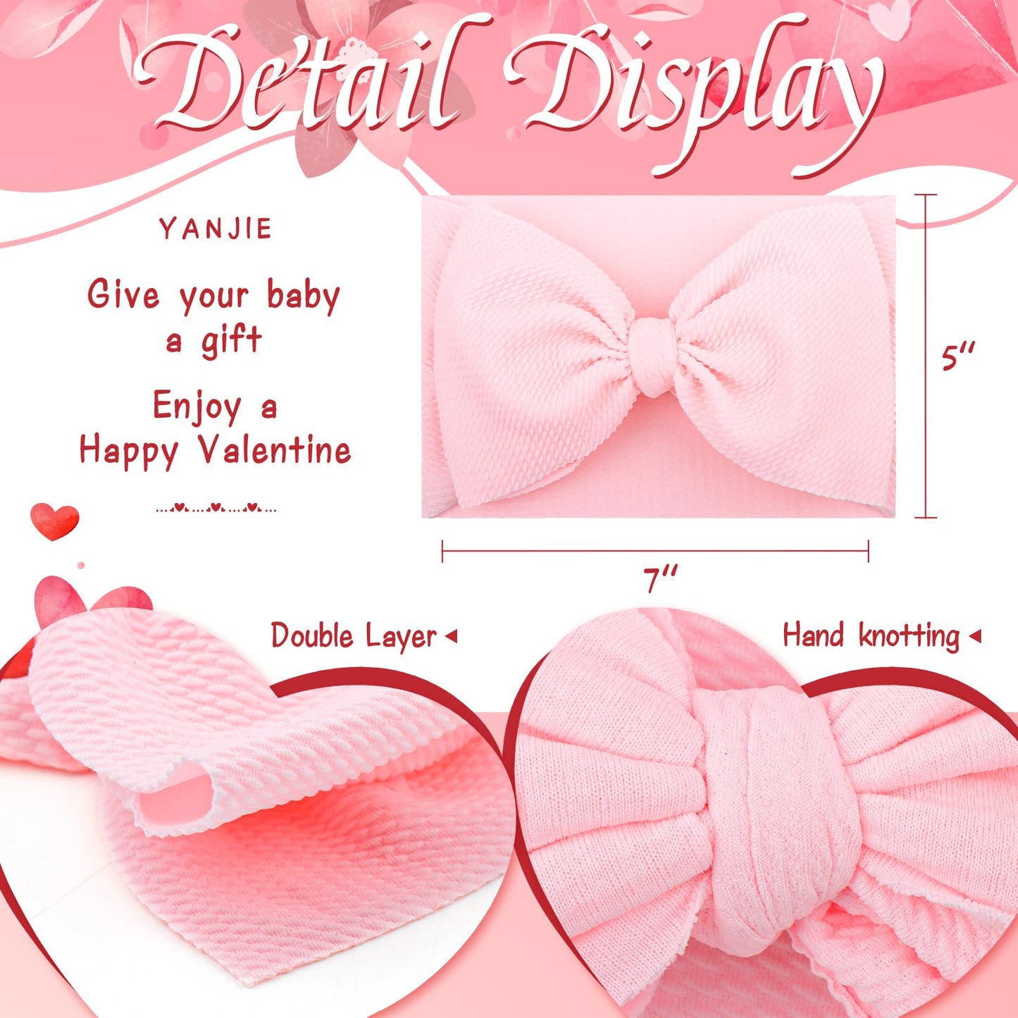 Yanjie Baby Girl Headbands - Red Bow, Pink Toddler Headband, Nylon Hair Bows & Accessories For Newborn Girls & Infants 0-6 Month