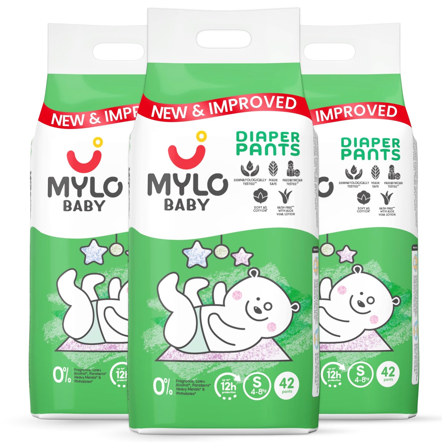 Mylo Baby Diaper Pants Small (S) Size 48 Kgs (126 Count) Leak Proof | Lightweight | Rash Free | Upto 12 Hours Protection | Adl 