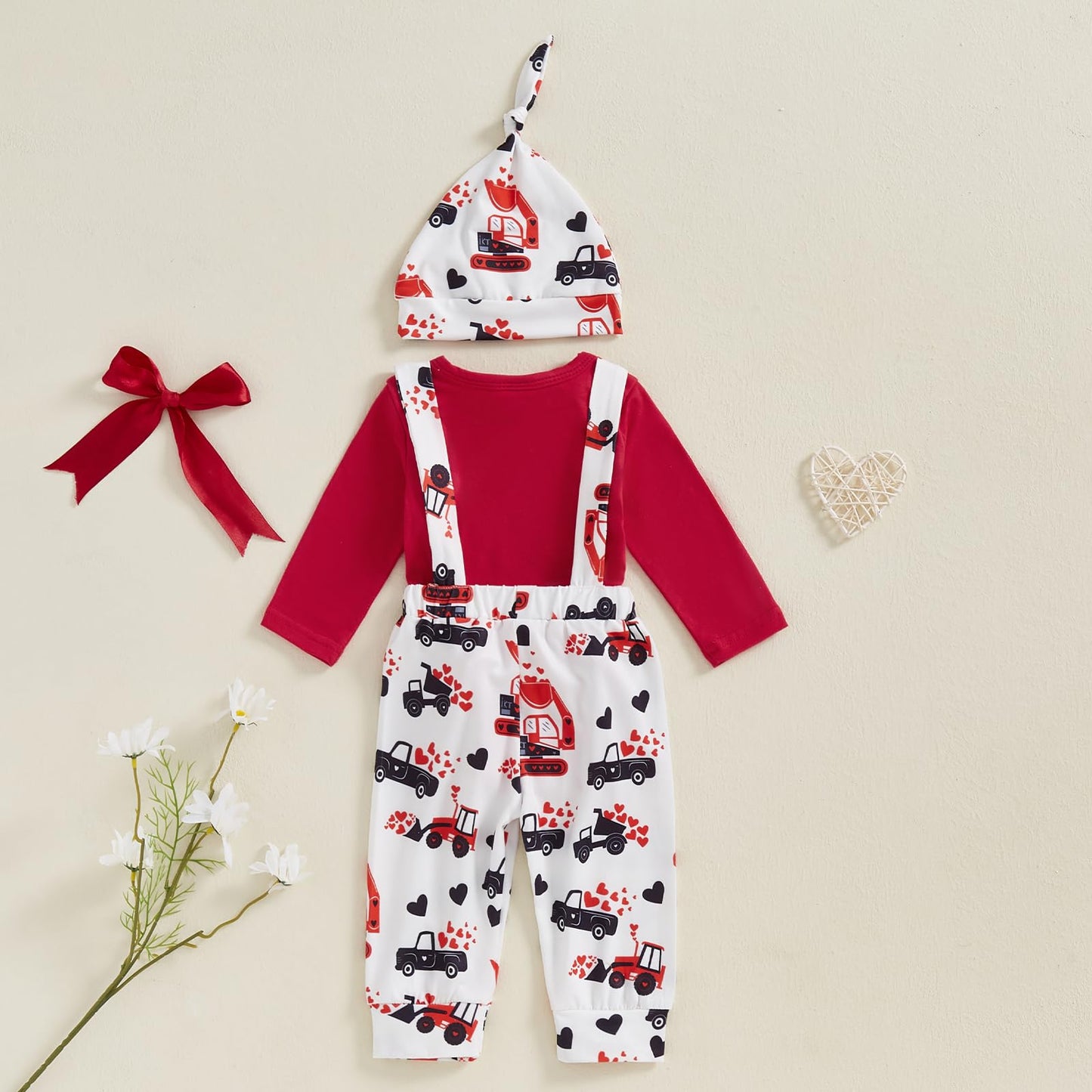 Beqeuewll Valentines Newborn Baby Boy 3Pcs Clothes Infant Long Sleeve Romper Cute Pattern Suspender Pants Overalls Outfits (Love