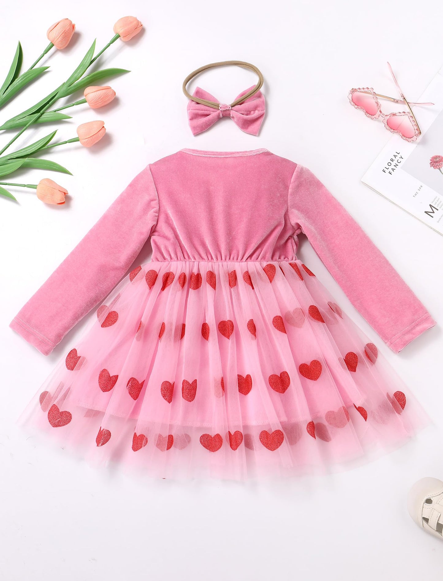 Imekis First Valentines Day Baby Girl Outfit: Toddler Valentines Day Dress Tulle Heart Velvet Long Sleeve Birthday Dress Smash C