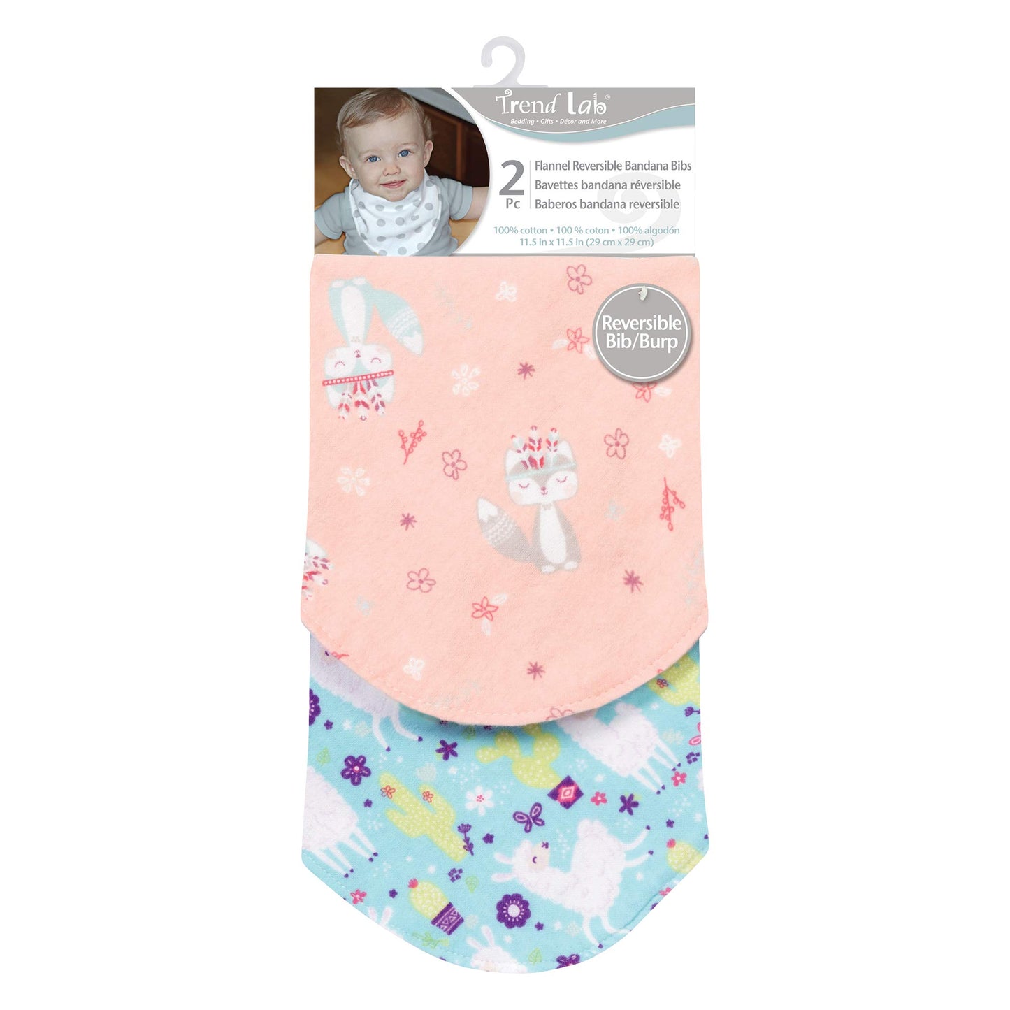 Trend Lab Southwest Llama 2 Pack Reversible Flannel Bandana Bib Set-Fox/Dot, Llama/Chevron Prints, Pinks, Mint, Gray, Turquoise,