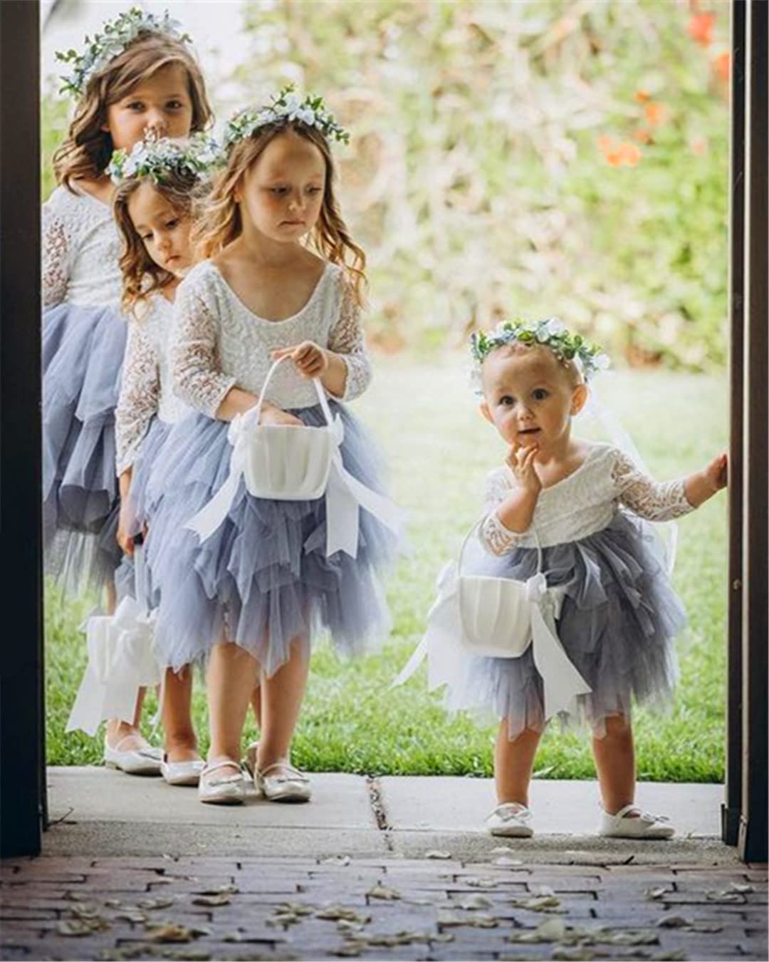 2Bunnies Girl Peony Lace Back A-Line Tiered Tutu Tulle Flower Girl Dress (Gray Sleeve Short, 12M)