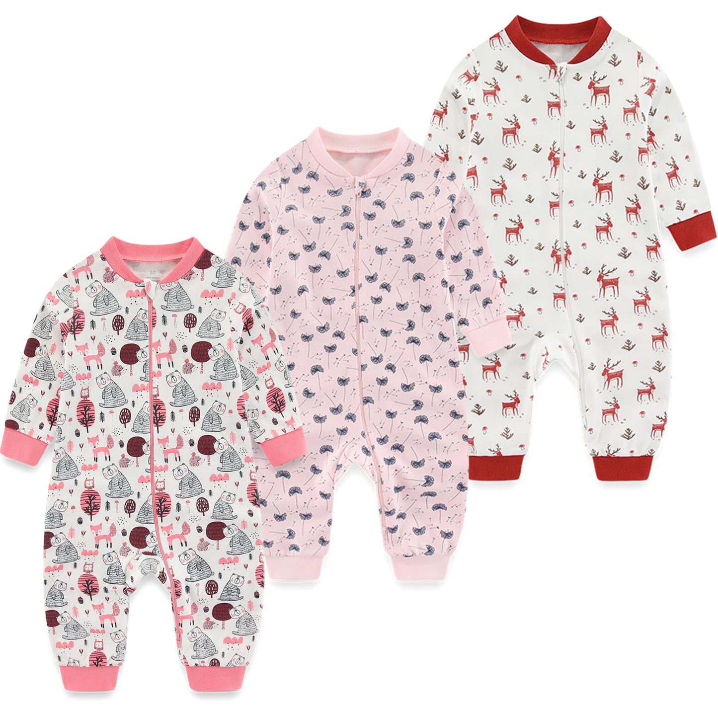 MAMIMAKA Baby Girls One-Piece Footless Romper 2-way Zip Cotton Long-Sleeve Jumsuit, 9-12 Months