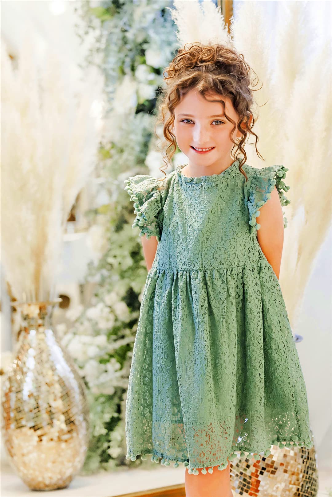 2Bunnies Girl Baby Toddler Vintage Lace Pom Pom Flutter Sleeve Easter Birthday Outfit Dress (Sage, 3T)