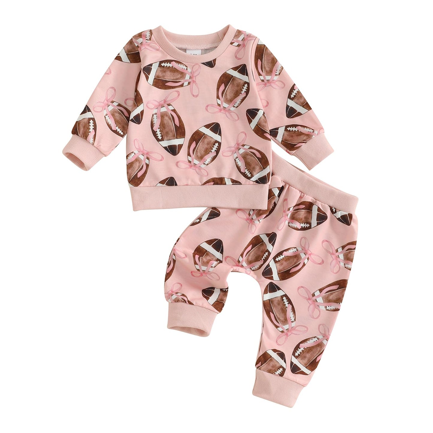 RSRZRCJ Toddler Baby Girl Football Outfit Long Sleeve Football Bow Print Sweatshirt Jogger Pants 2PCS Fall Clothes Set (Pink, 12