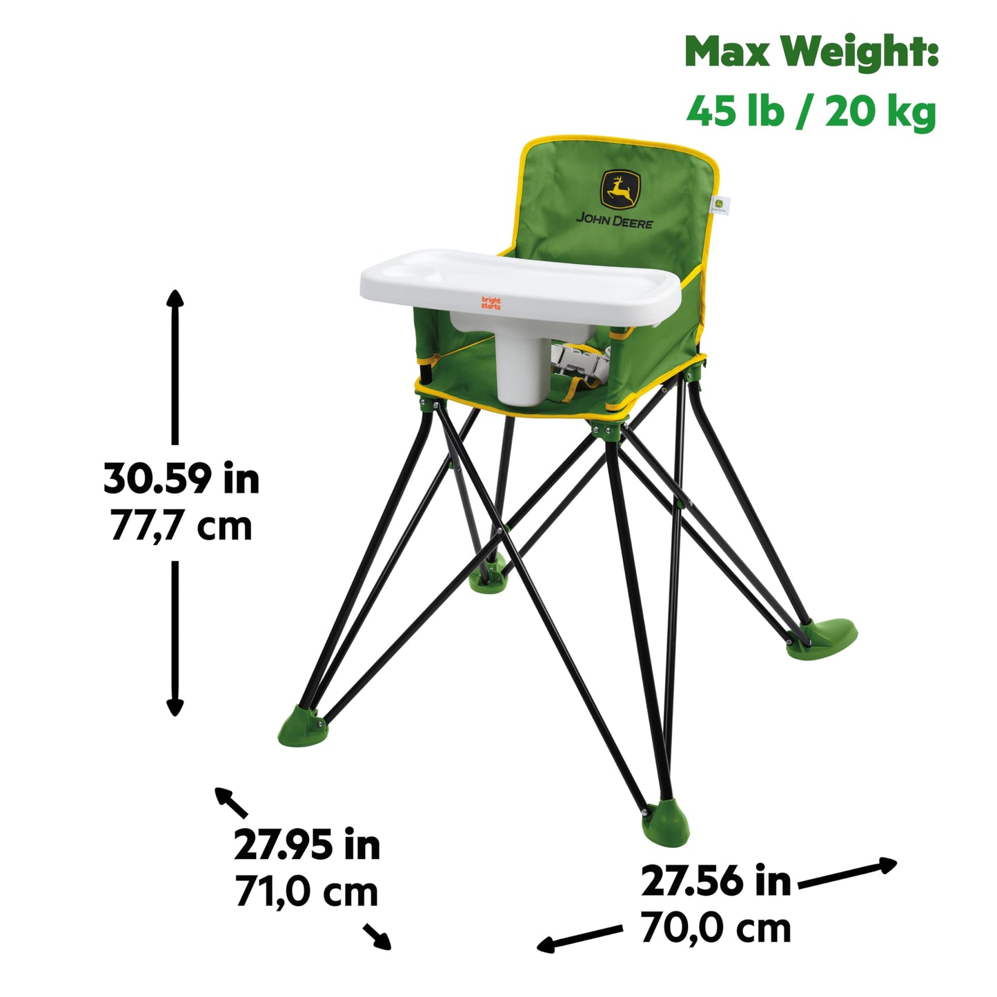 Bright Starts John Deere Pop N Dine Portable High Chair, Indoor/Outdoor, Dishwasher Safe Tray, Easy to Fold, Unisex, Green, 6 M