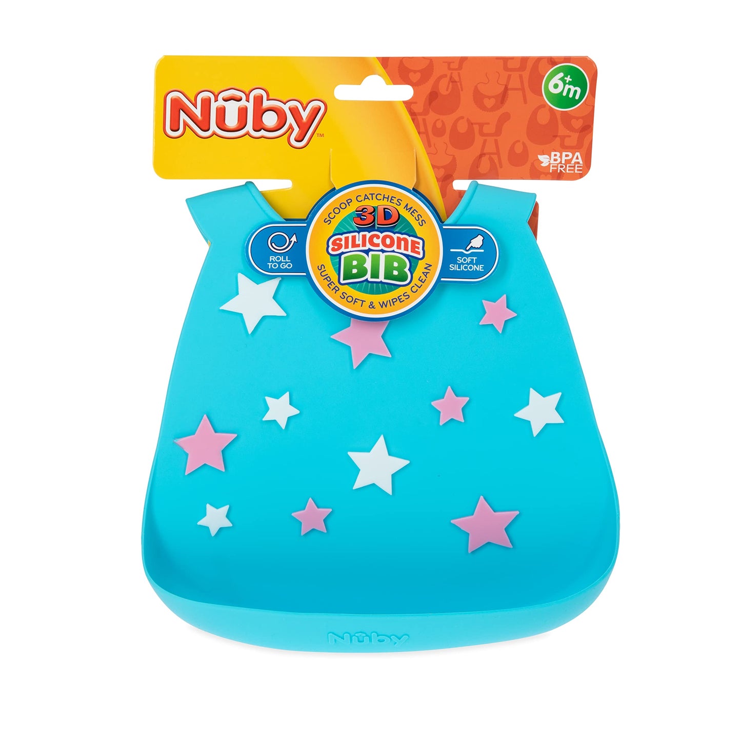 Nuby 3D Soft Silicone Baby Bib With Scoop - Silicone Bib For Toddlers And Babies 6+ Months - Stars