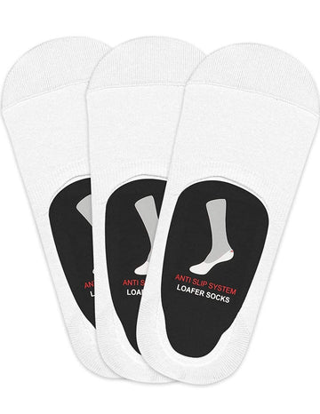 Queery Unisex Anti Slip No Show Cotton Loafer Socks With Silicon Grip Inside Heel (White, Pack Of 3)