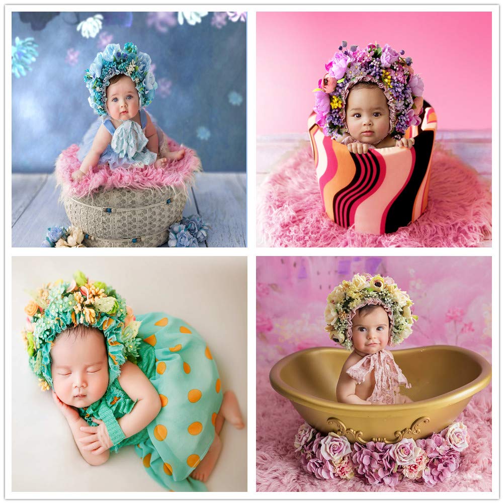 Vemonllas Newborn Photography Props Boys Girls Floral Sitter Hat Baby Photo Props Flowers Bonnet (Blue)