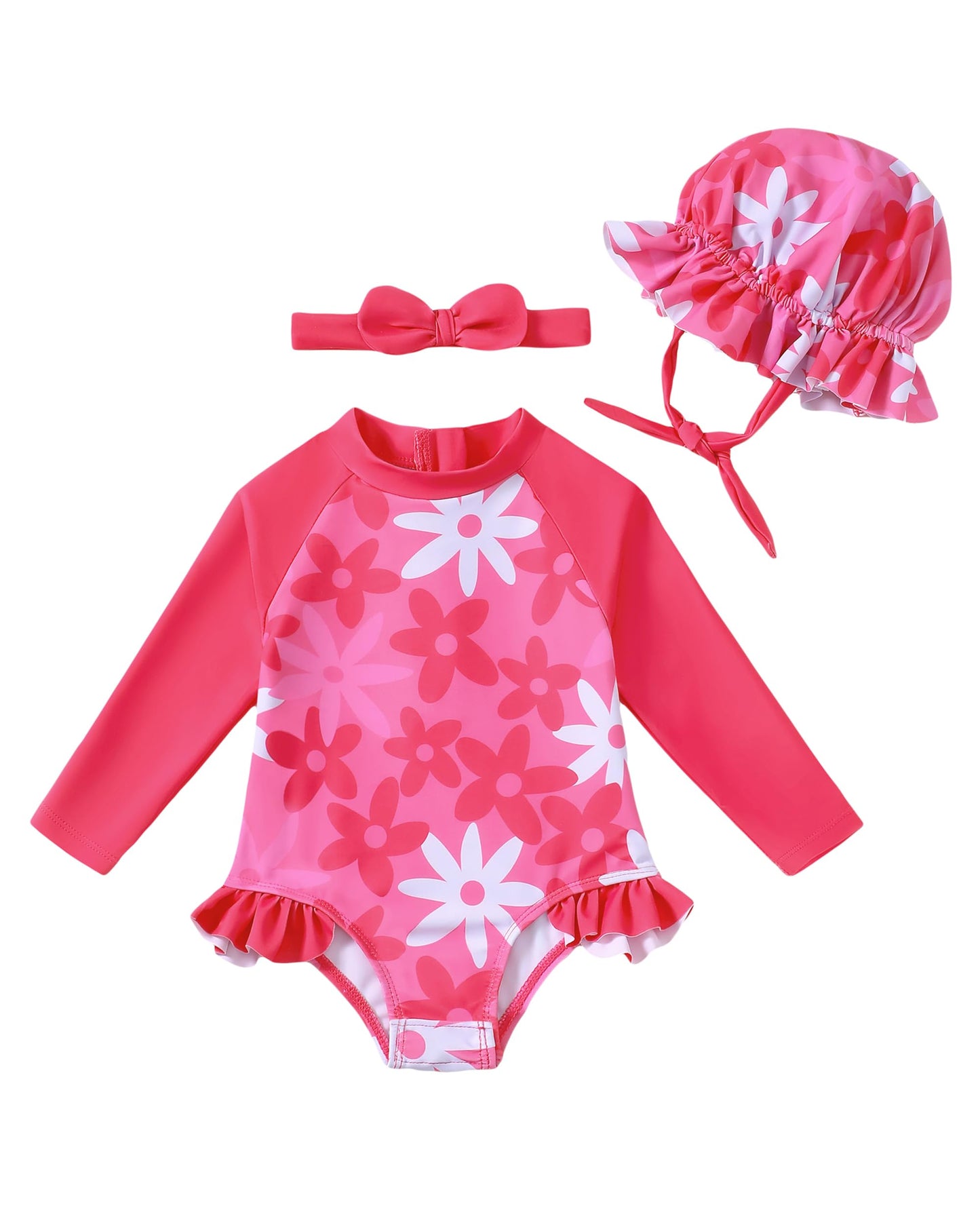 SODLON Baby Girl Swimsuit 6-9 Months 9-12 Month Girls Rash Guard Bathing Suit Ruffle Rose Pink Daisy One-Piece Long Sleeve Infan