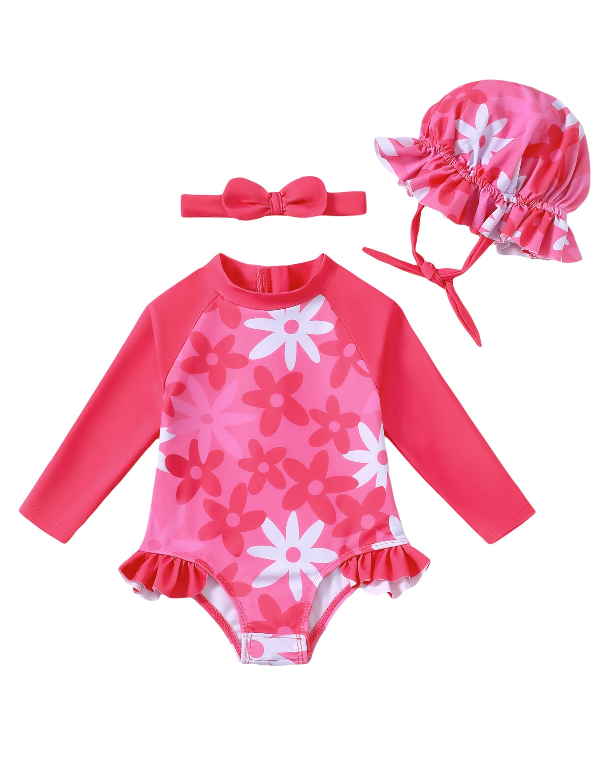 SODLON Baby Girl Swimsuit 6-9 Months 9-12 Month Girls Rash Guard Bathing Suit Ruffle Rose Pink Daisy One-Piece Long Sleeve Infan