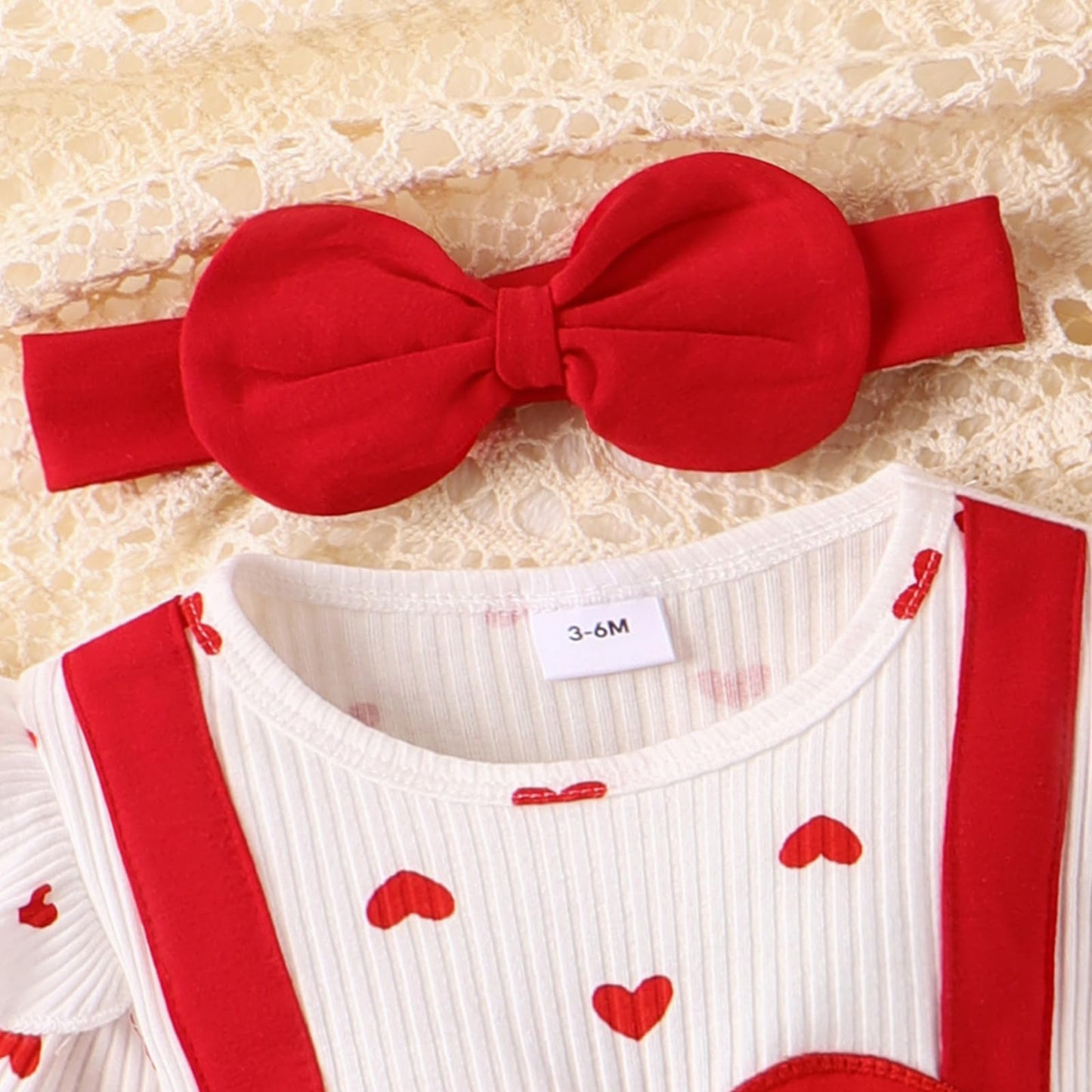 Valentine Baby Girl Outfit Heart Print Ribbed Long Sleeve Newborn Valentines Day Romper Dress Headband Set (White, 0-3 Months)