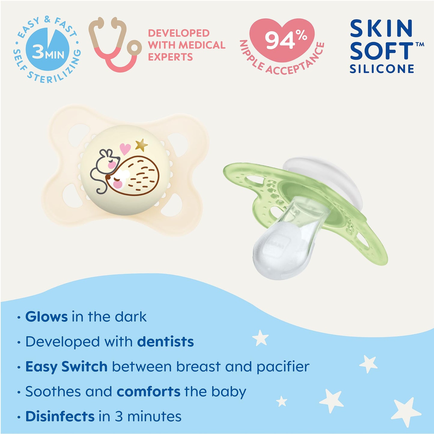 Pacifier, 0-6 Months, Night Collection, Unisex 2-Count