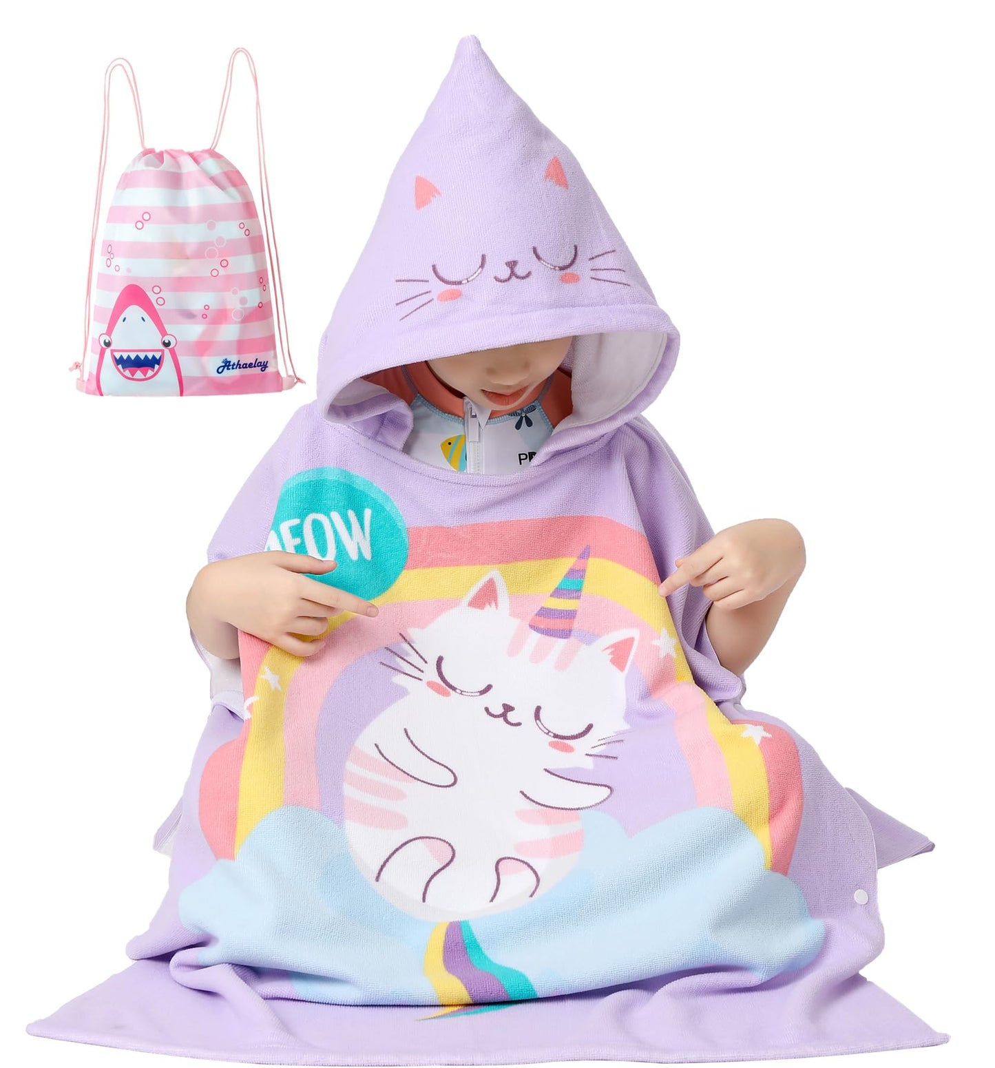 Athaelay Kid Girls Hooded Towel for Bath Beach, Toddlers Poncho Cover-ups Pool Swimwear, Cat Theme with Drawstring Bag