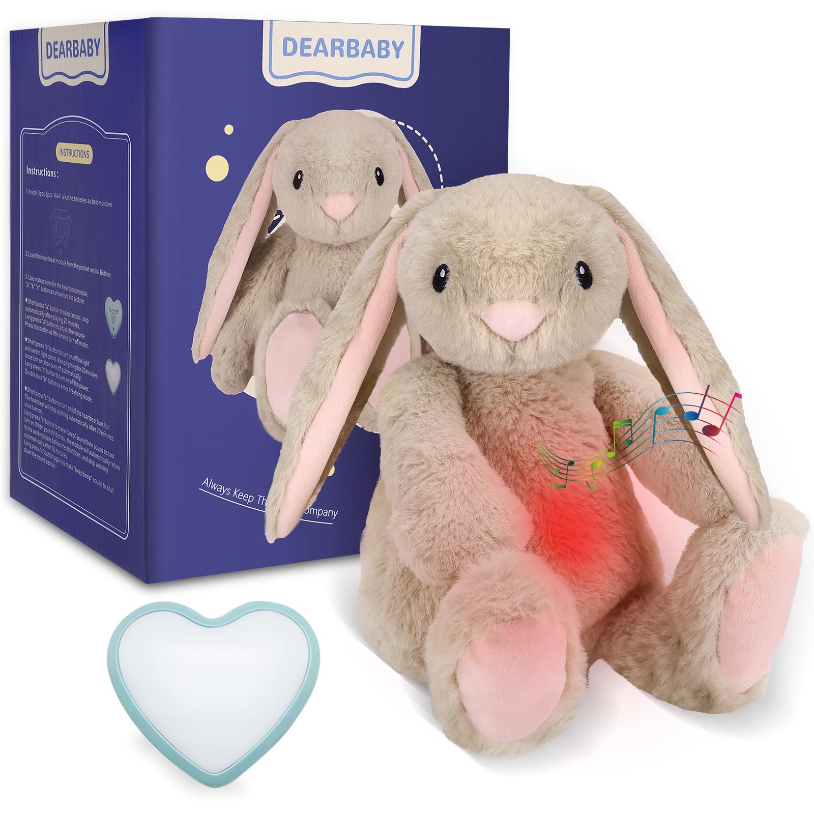 Dearbaby Baby Soother Cry Activated Sensor Toys,Heartbeat Bunny for Babies,Plush Stuffed Animal for Newborn Infants,Baby Toy Vib