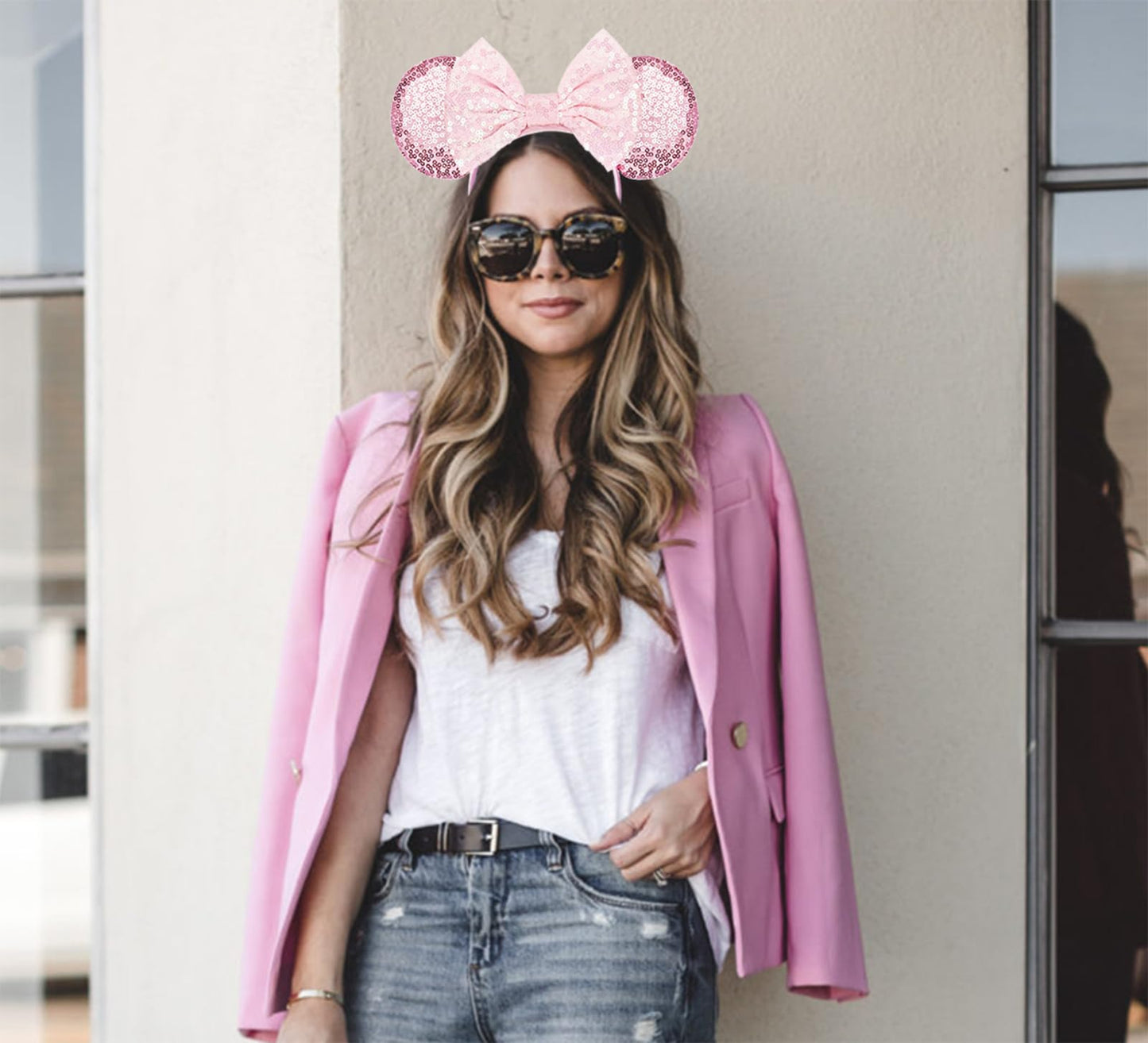 Eisyaa Minnie Ears Headbands, Sequin Mouse Ears With Pink Bow Glitter Party Princess Decoration Cosplay Costume