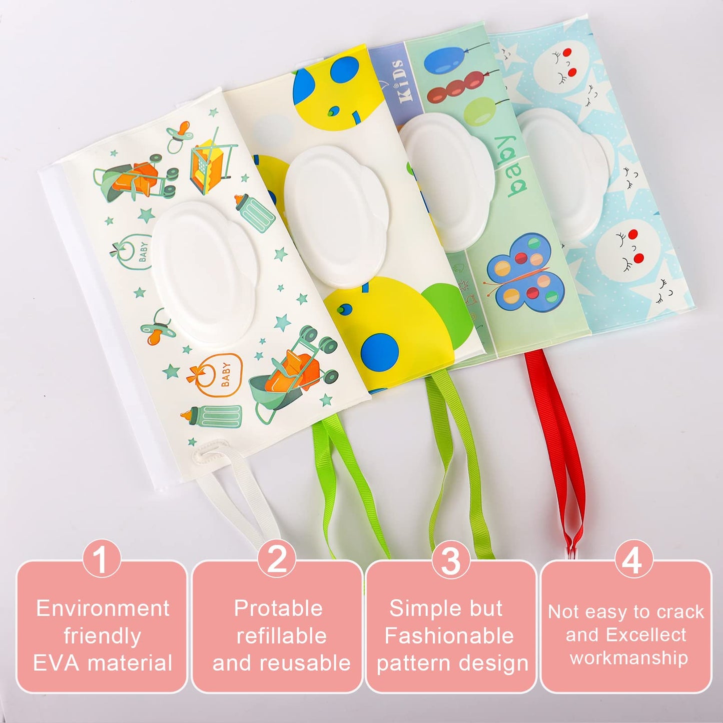 Dommare 4 Pack Baby Wipes Dispenser, Refillable Travel Wet Wipes Holder Portable Reusable Wipe Case Lightweight Waterproof With