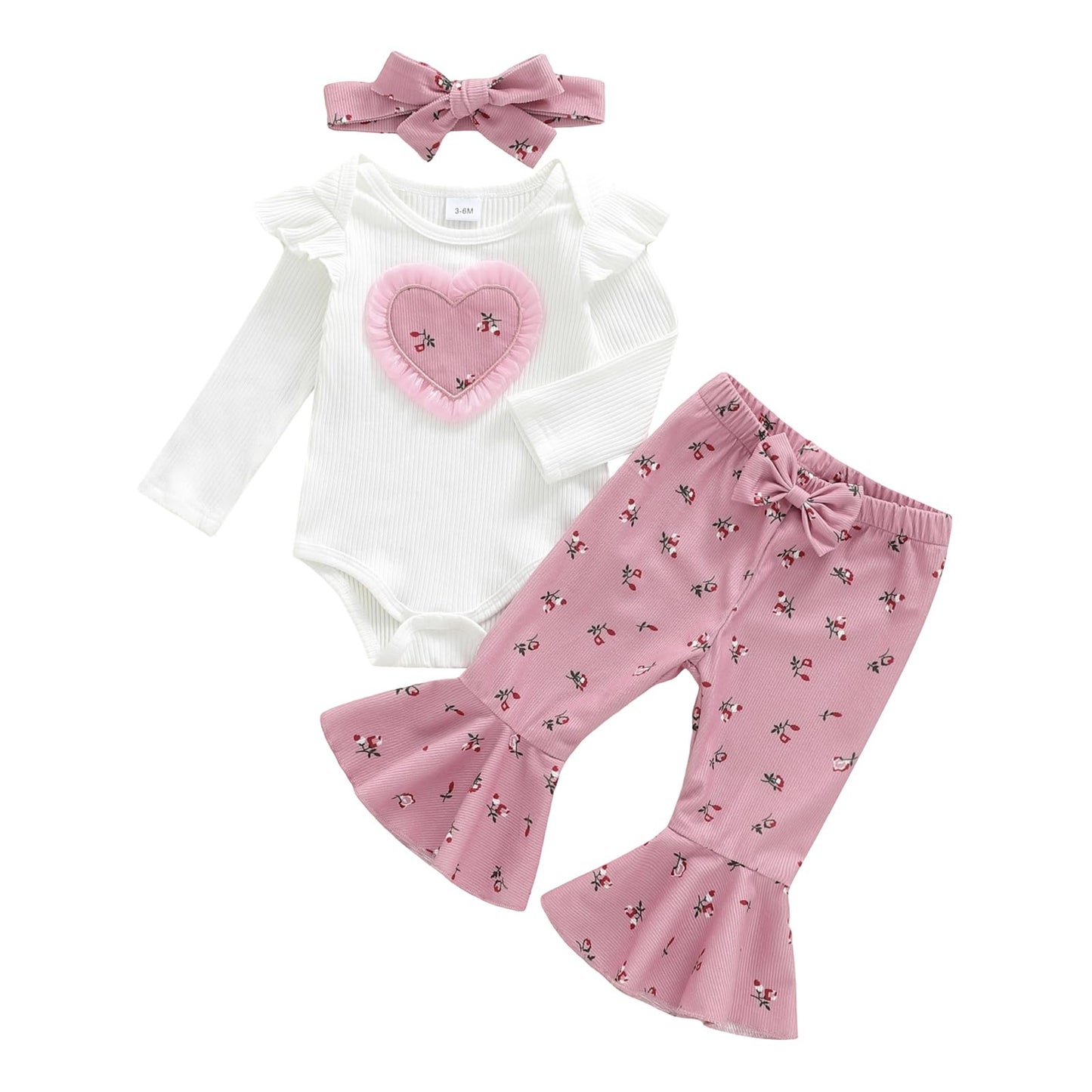 Douhoow Fall Baby Girl Clothes Crochet Flower Embroidery Baby Girl Romper Flared Pants Headband Infant Girl Festival Outfits (Pi