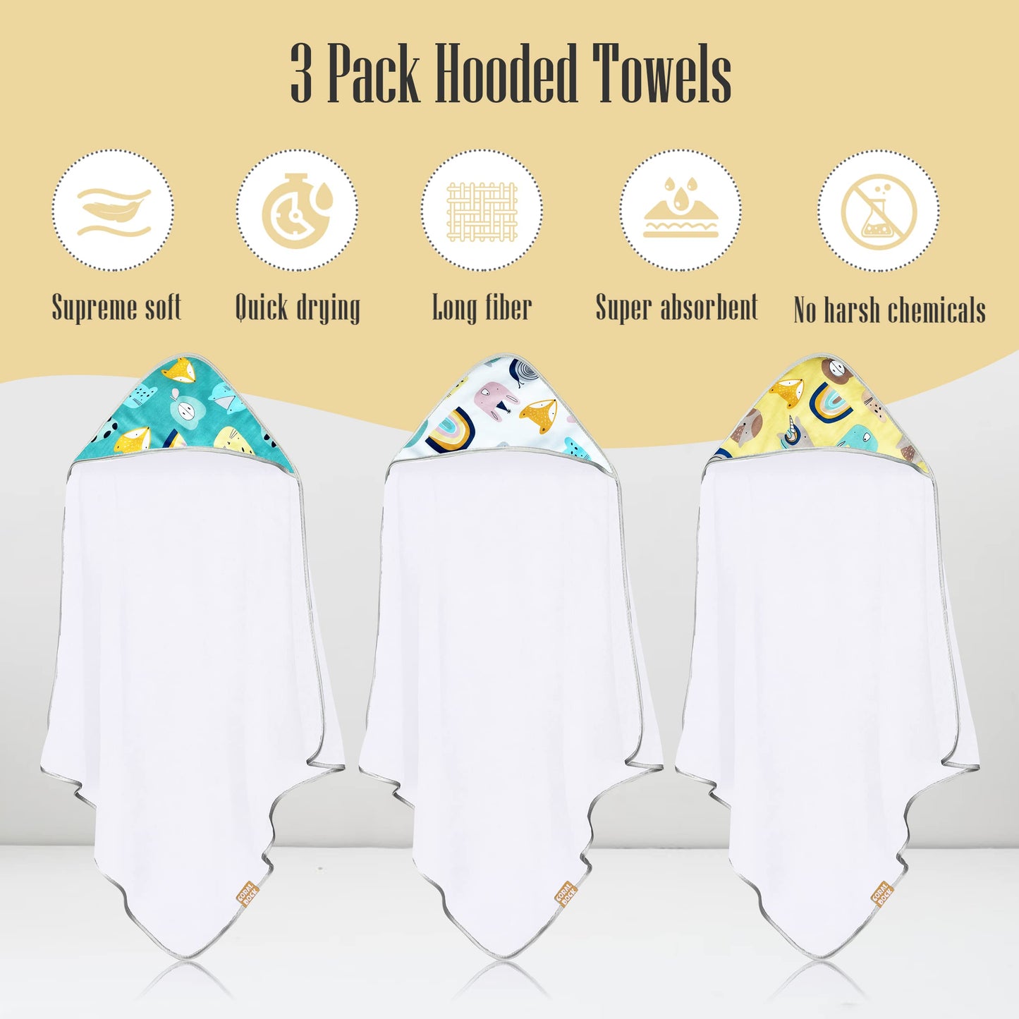 CORAL DOCK 3 Pack Baby Hooded Bath Towel Sets, Ultra Absorbent Baby Essentials Item for Newborn Boy Girl, Baby Bath Shower Towel