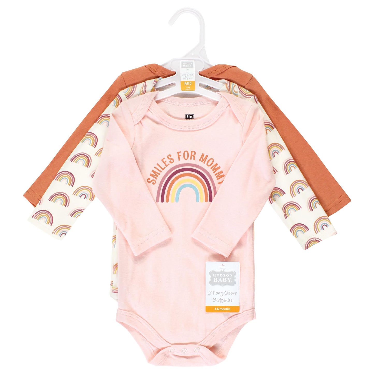 Hudson Baby Unisex Baby Cotton Long-Sleeve Bodysuits, Sunshine Rainbows 3-Pack, 9-12 Months