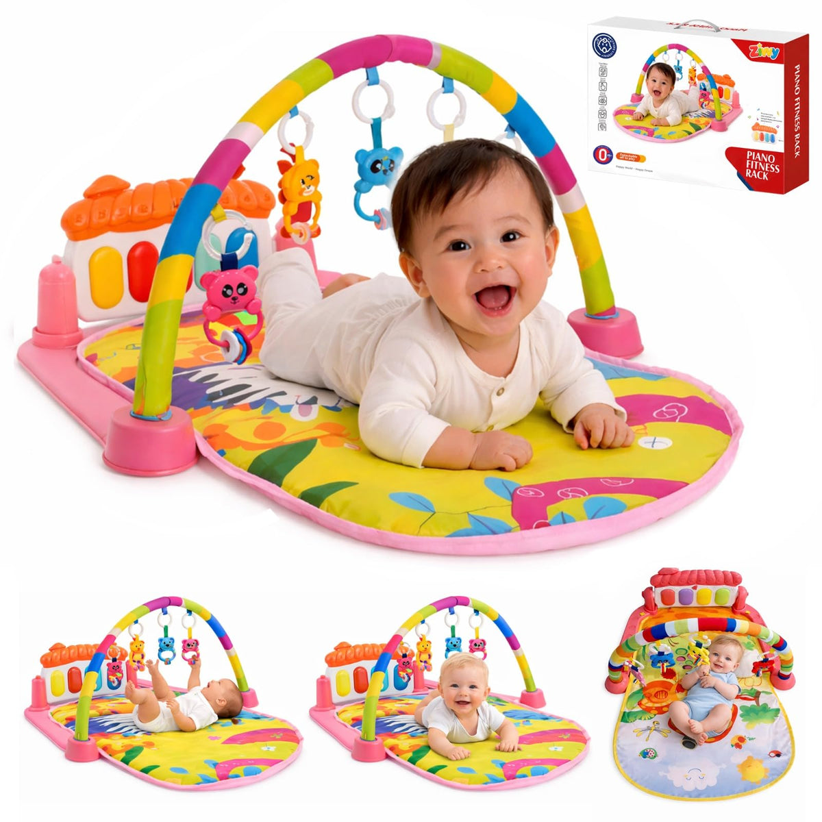 Zivvy Pink Play Gym For Babies 0 To 18 Months | Play Mat With Tummy Time Hanging Toys For Newborn | Floor Mat For Kids Playing |