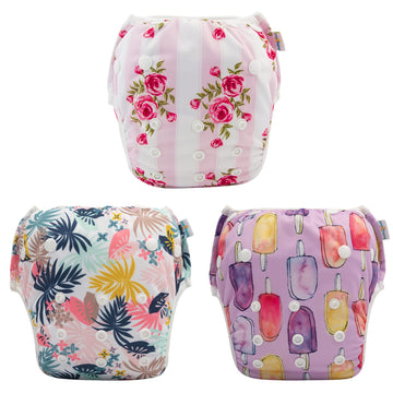 Babygoal Baby Girl Swim Diapers 3 Pack For 0-8 Months Infant, Reusable Adjustable Washable For Swim Class-Flower