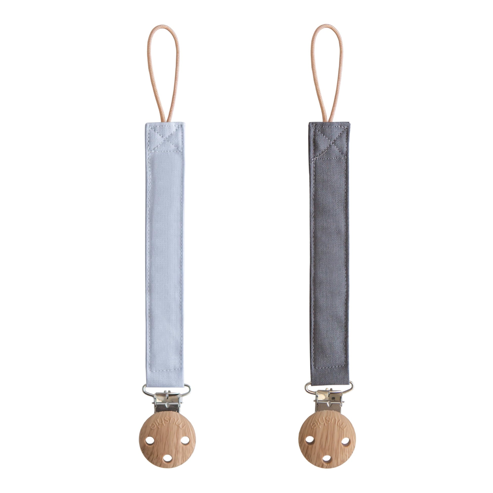 mushie Linen Baby Pacifier Clip Holder | Soft Fabric Strap, 2-Pack (Powder Blue/Deep Sea)