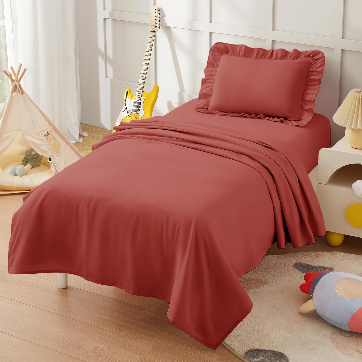KKJIAF 3 Piece Toddler Sheet Set Microfiber, Includes a Flat Sheet, a Fitted Sheet and a Ruffle Pillowcase, Rust Red
