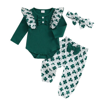 Rtnnsbbfcm Newborn Baby Girl Valentine'S Day Outfit Long Sleeve Ribbed Romper Heart Print Pants Headband 3Pcs Set (St. Patrick'S