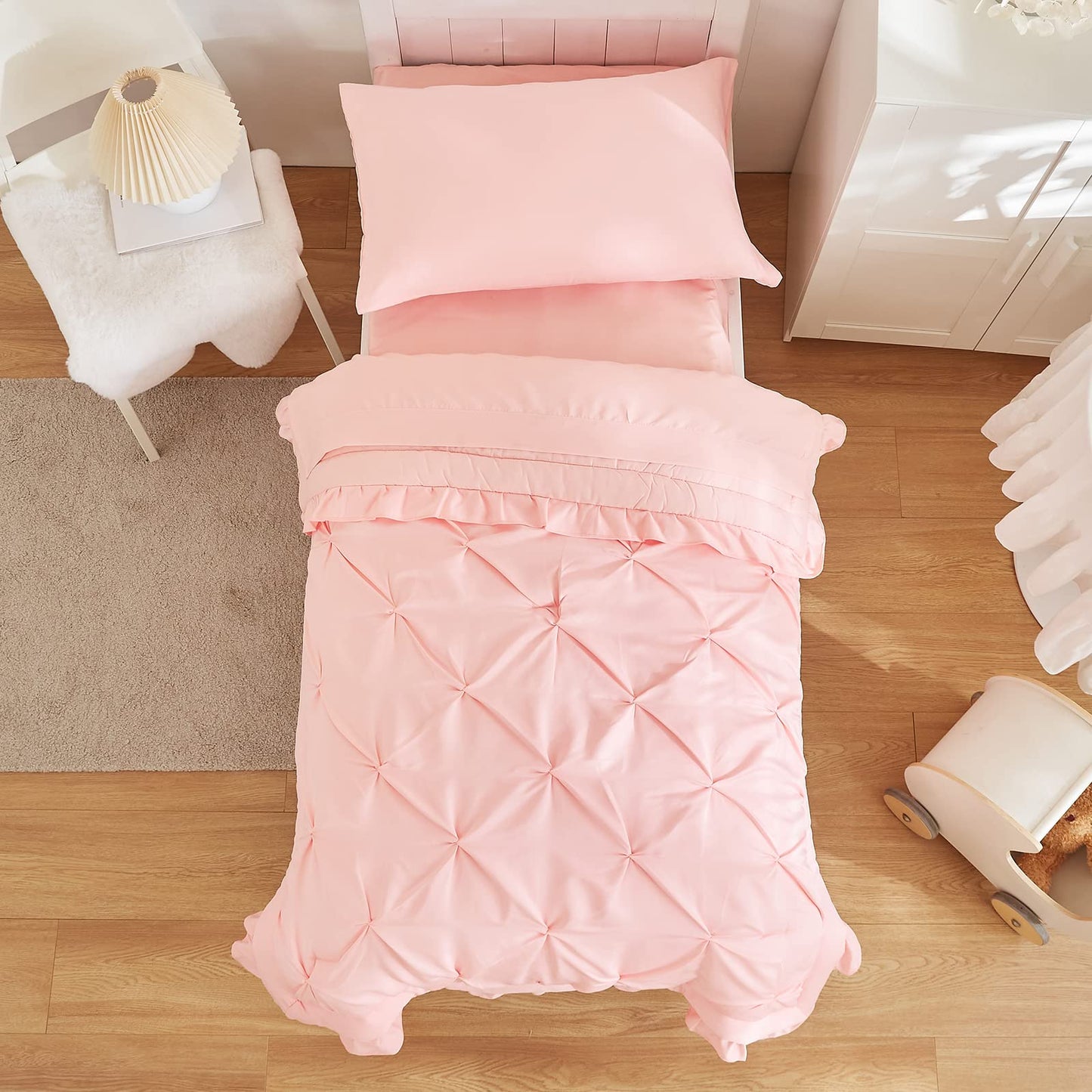 4 Pieces Pinch Pleated Toddler Bedding Set With Ruffle Fringe, Solid Color Pink Unisex Pintuck Toddler Sheet Sets For Baby Girls