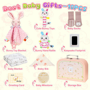 Baby Girl Gifts Newborn Gift Set, 10Pcs Quality & Cute Newborn Baby Essential Stuff New Baby Girl Gift Basket Set, Best Newborn