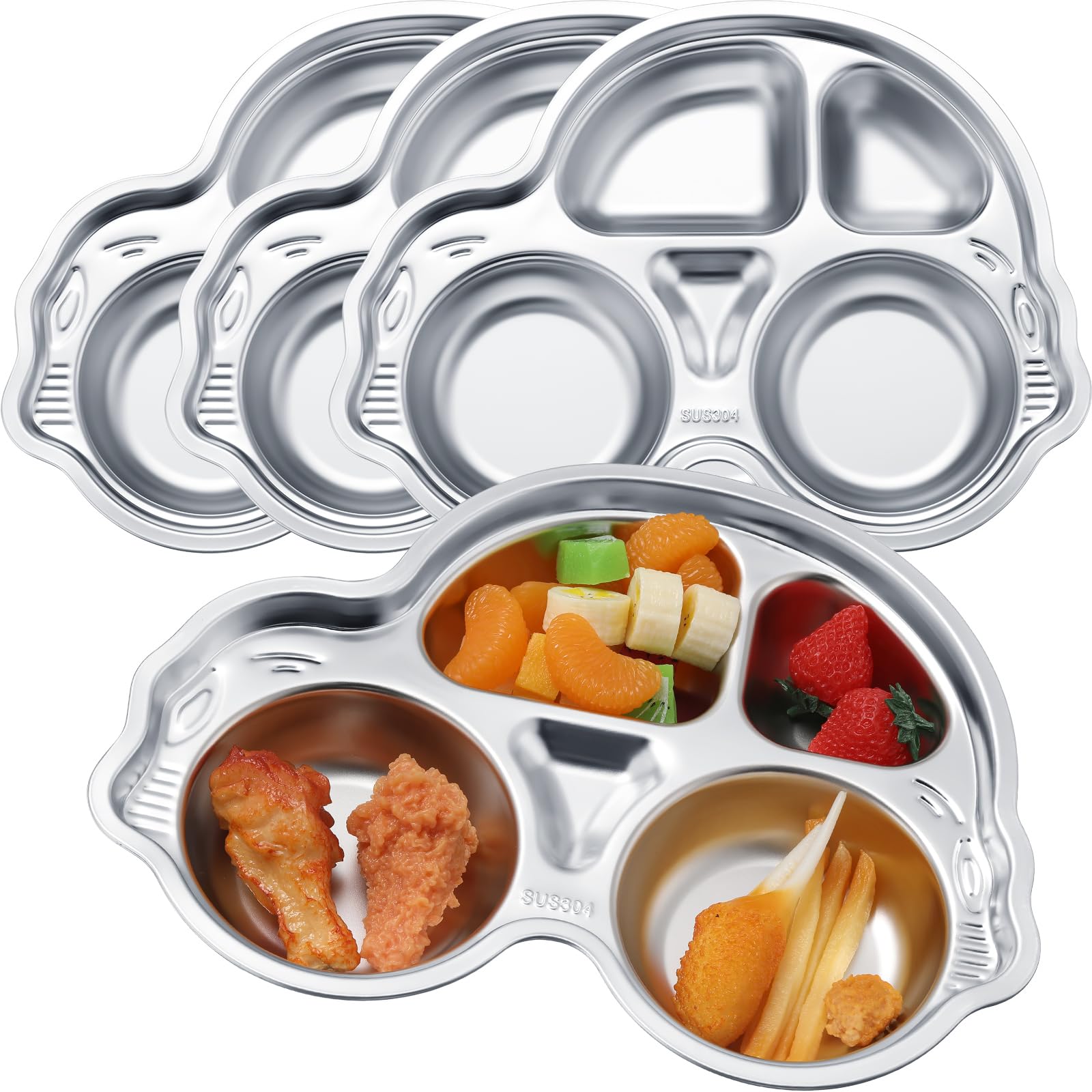 Tioncy 4 Pcs Stainless Steel Kids Plates 4 Sections Divided Unbreakable Dinner Plates Cute Car Shape bowls for Babies, Toddlers 