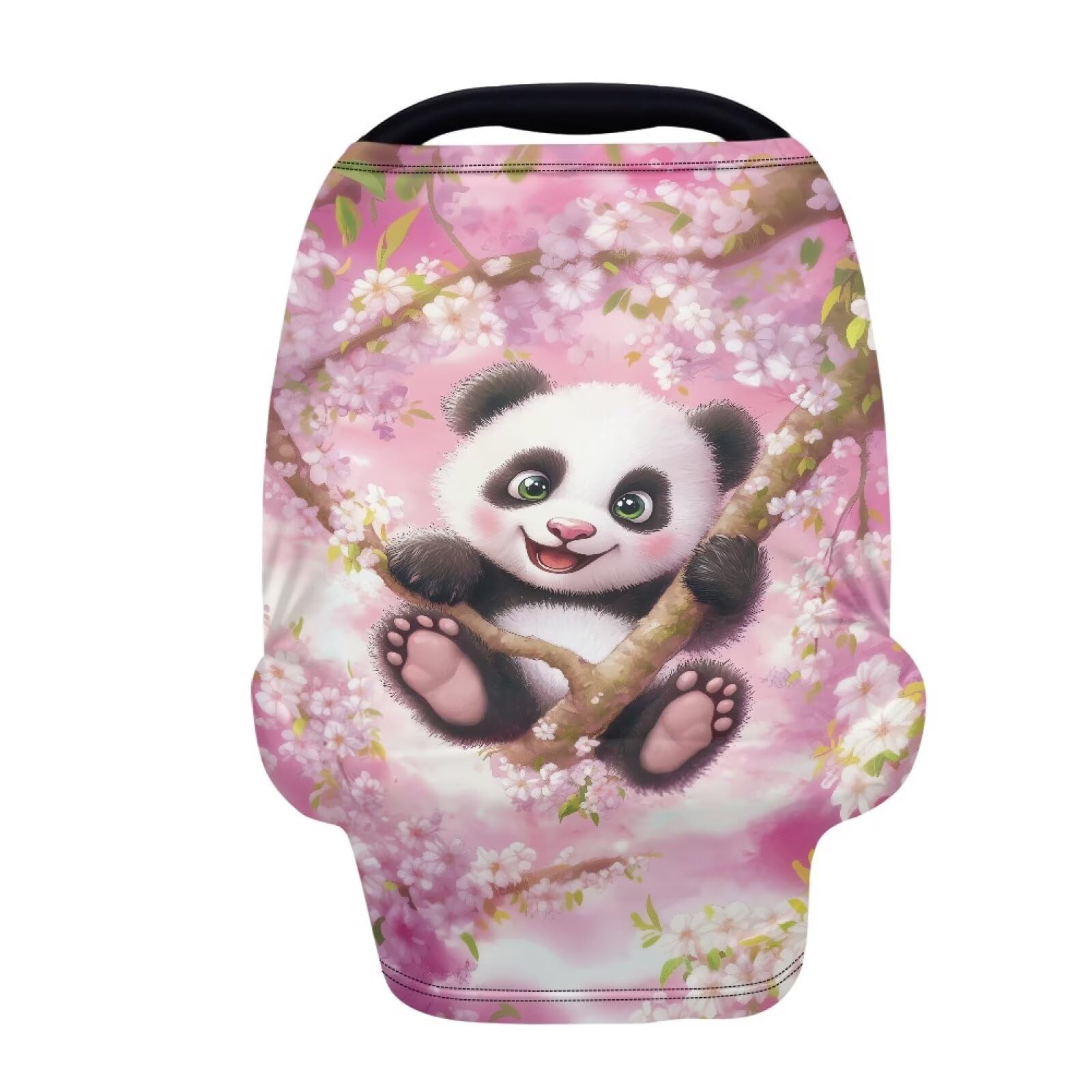 Biyejit Cherry Blossom Panda Baby Car Seat Cover, Infant Carseat Canopy, Nursing Breastfeeding Cover, Stretchy Carrier Covers fo