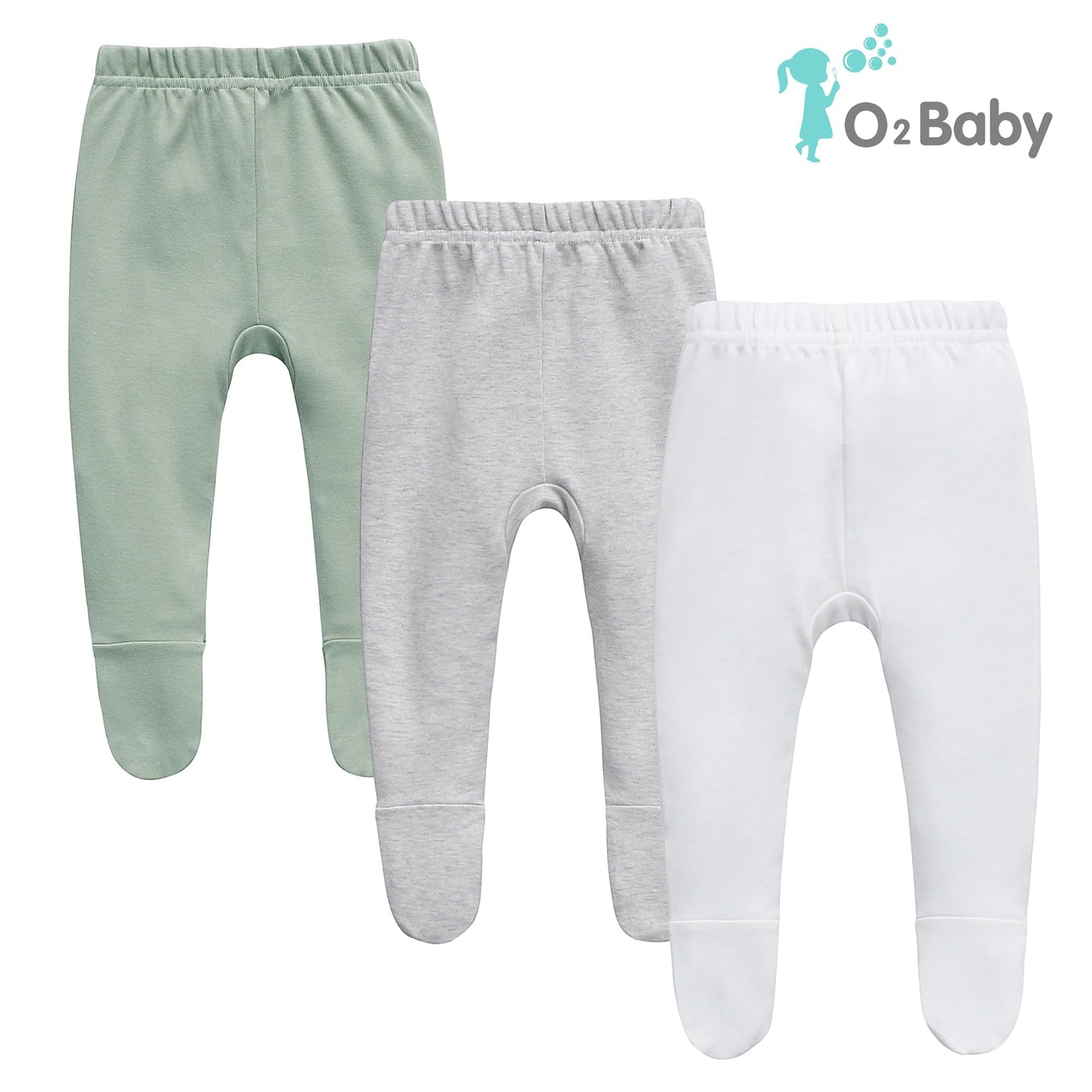 O2 Baby Organic Cotton Unisex Baby Jogger Pants, 3-Pack Pull-On Bottoms, Newborn Leggings (0-3 Months, Grey/White/Green)