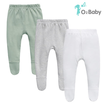 O2 Baby Organic Cotton Unisex Baby Jogger Pants, 3-Pack Pull-On Bottoms, Newborn Leggings (0-3 Months, Grey/White/Green)
