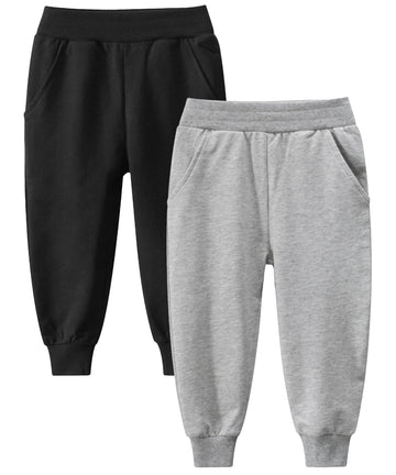 Gfqlong Toddler Baby Boys 2 Pack Cotton Active Jogger Pants,Kids Casual Athletic Sweatpants Solid Pocket Bottoms,Black+Grey 2-3T