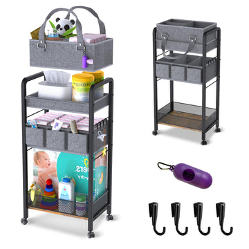 JRANBRJS 2IN1 Baby Diaper Caddy Organizer-3 Tier Rolling Storage Cart with Dividers - Bedside Diaper Caddy Cart for Baby Nursery