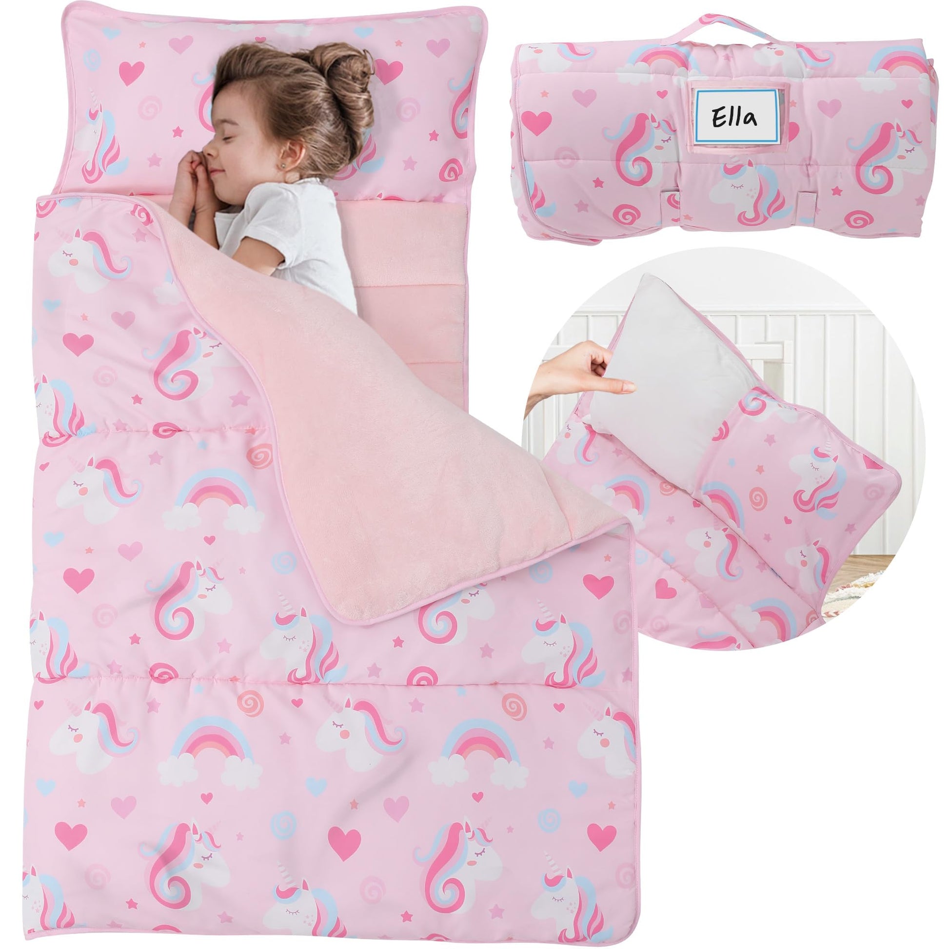E1F1NN DOT Toddler Nap Mat with Detachable Pillow & Blanket - Soft Plush Minky Fleece Kids Sleeping Bag for Daycare, Preschool &