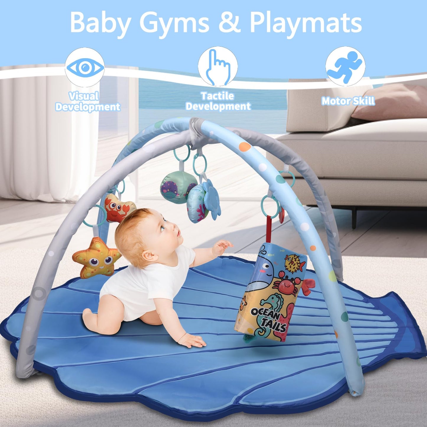 Baby Gym Play Mat For Babies 0-6 Months Infant Tummy Time Mat Activity Gym, Blue Shell Baby Gyms & Playmats Newborn Brain Sensor