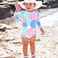 RuffleButts Baby Girls UPF 50+ Sun Protection Floral Printed Long Sleeve One Piece Rash Guard Swimsuit with Zipper - Pastel Peta