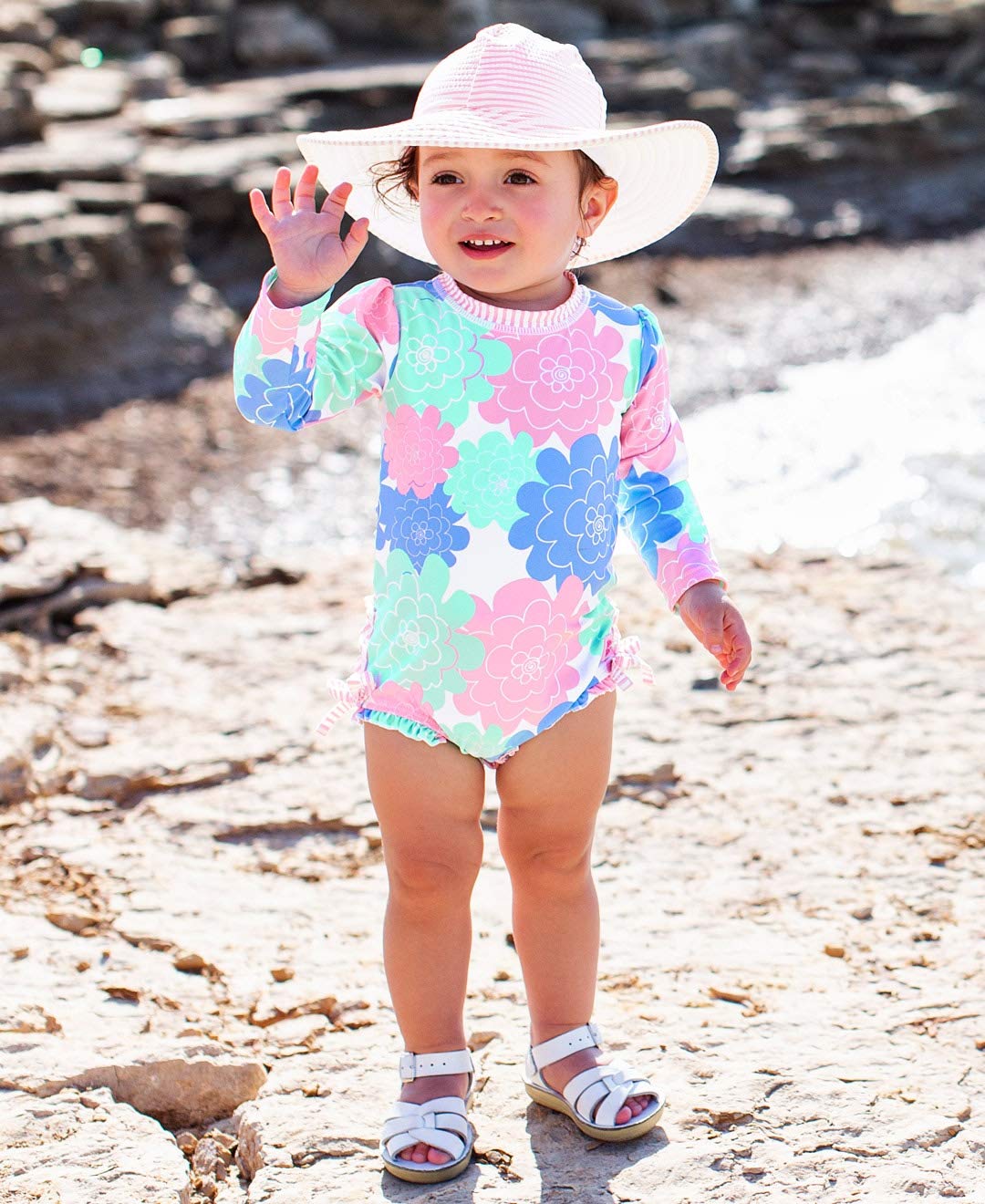 RuffleButts Baby Girls UPF 50+ Sun Protection Floral Printed Long Sleeve One Piece Rash Guard Swimsuit with Zipper - Pastel Peta