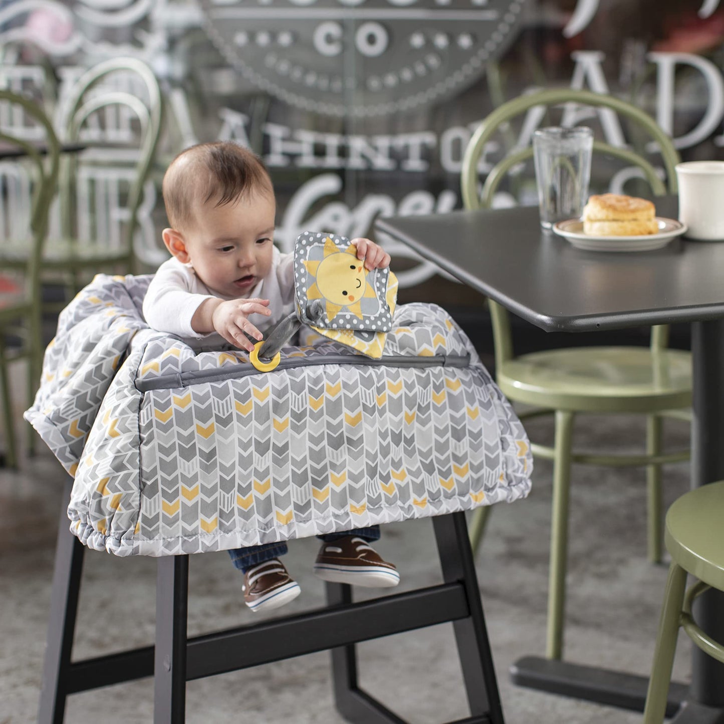 Boppy Shopping Cart And High Chair Cover, Sunshine Yellow And Gray Chevron With Changeable Slideline Sun Book Toy, Plush Comfort