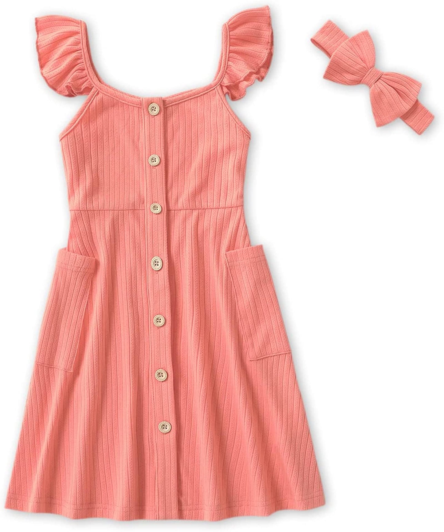 Iffei Mommy And Me Dresses Matching Set Solid Front Button Family Matching Sleeveless Dresses With Headband And Pockets Women S