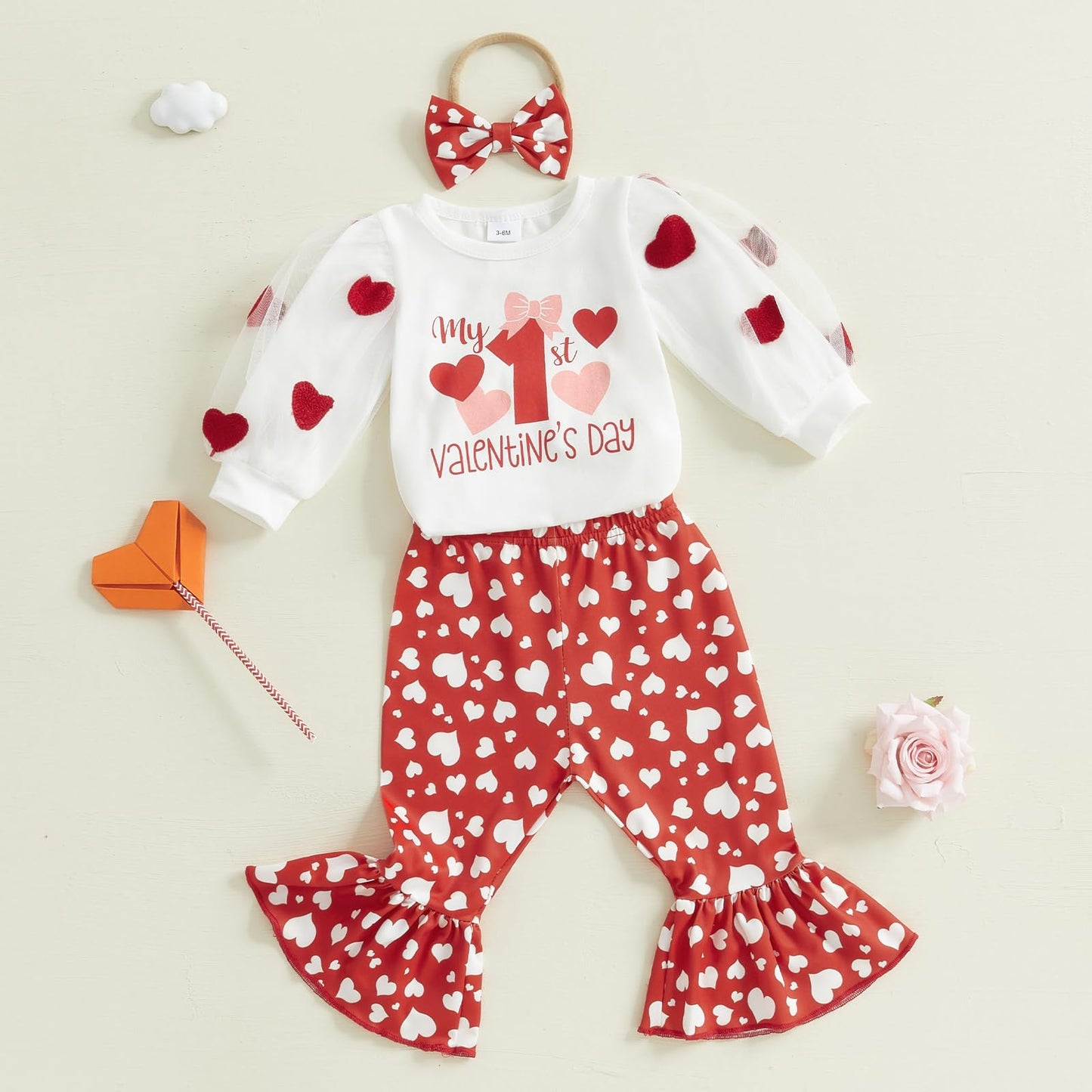 Xiaodriceee Infant Baby Girl Valentines Day Outfit Long Sleeve Romper Heart Print Bell Bottom With Headband 3Pcs Valentines Day