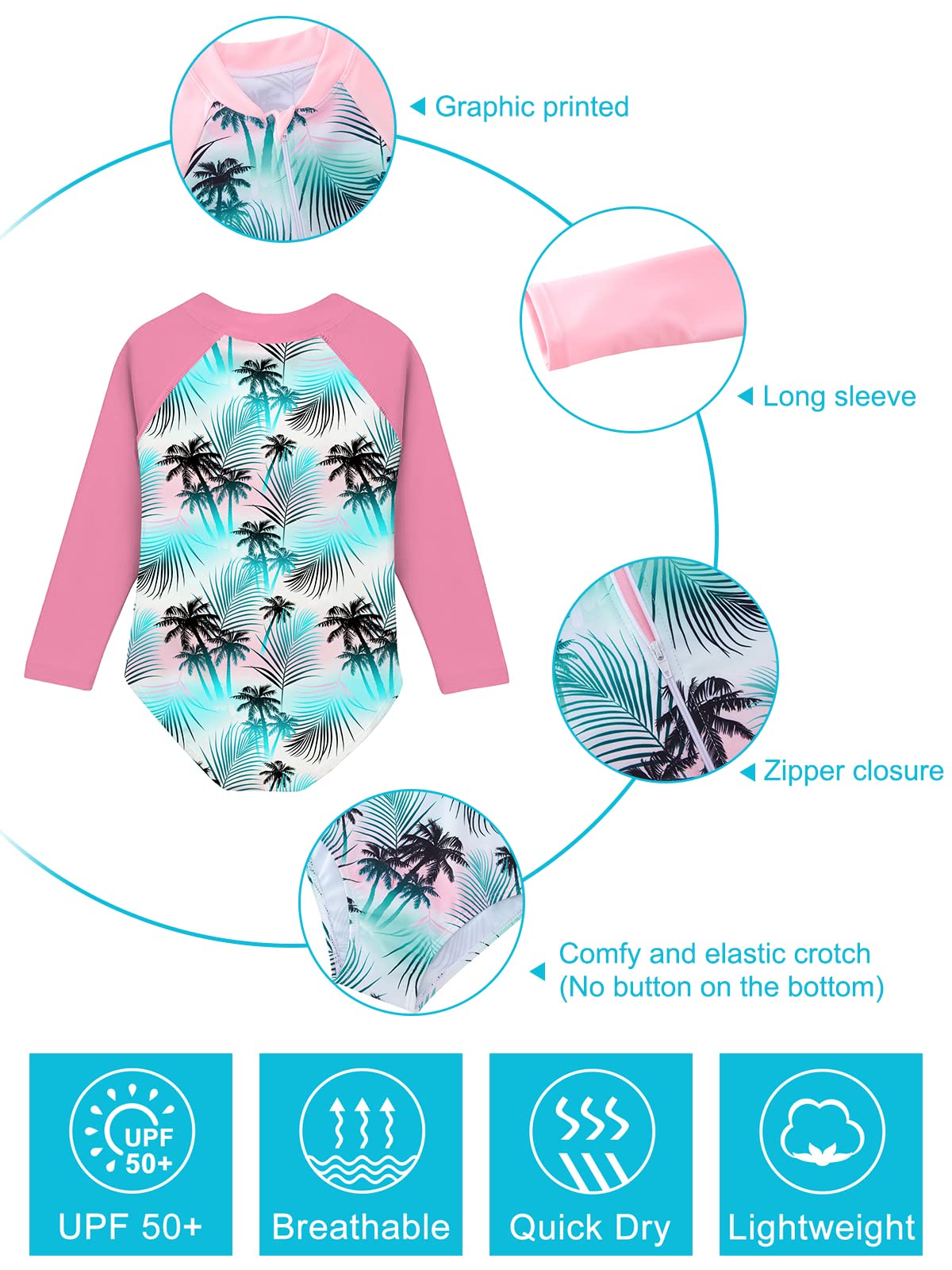 Uideazone Baby Girls One Piece Swimsuit Size 4 3D Printed Coconut Tree Long Sleeve Bathing Suit Summer Hawaiian Swimwear For Bea
