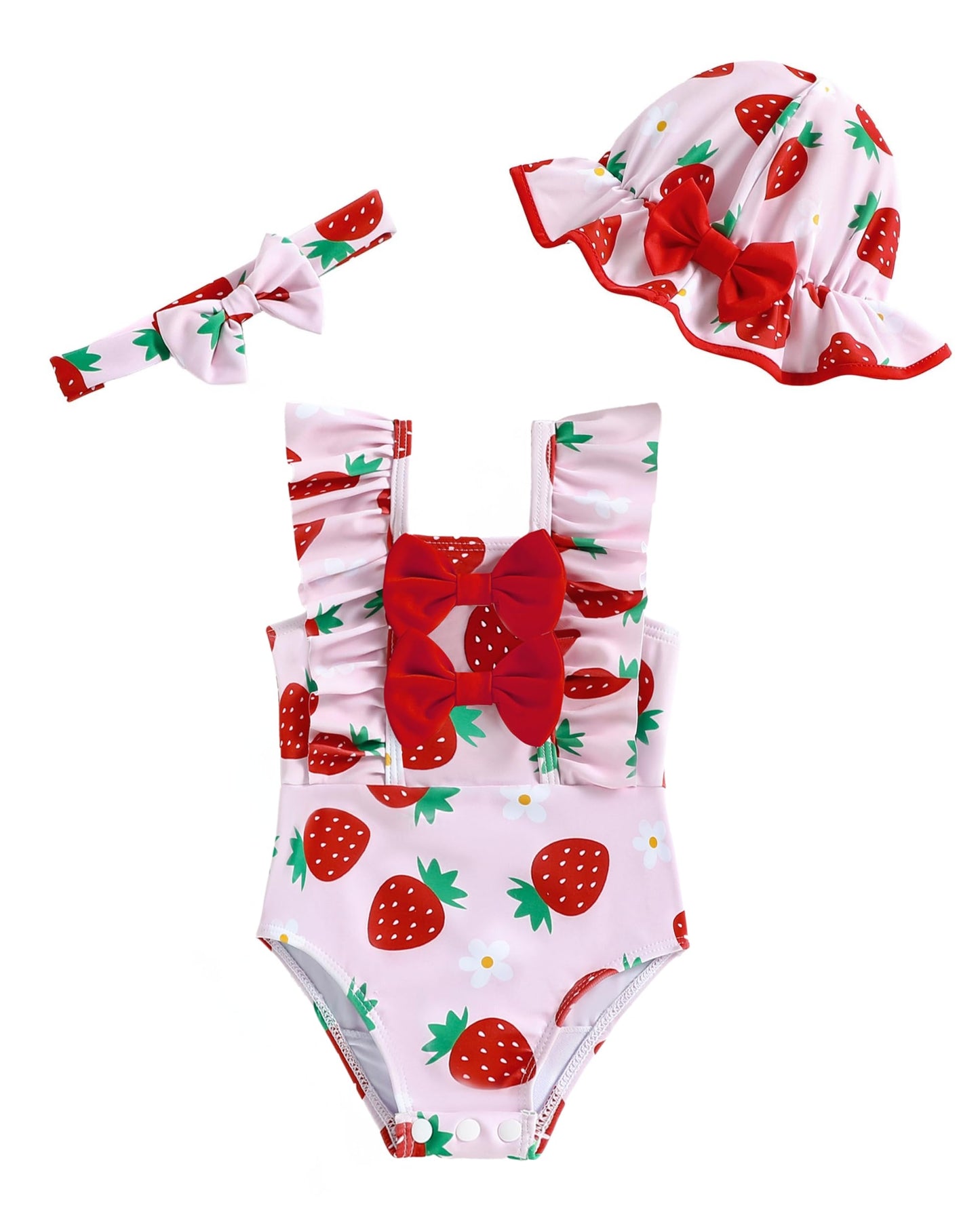 SODLON Baby Girl Swimsuit 6-12 Month Infant Girls One-Piece Swimsuits Ruffle Red Strawberry Bathing Suit with Hat Cute Tankini B