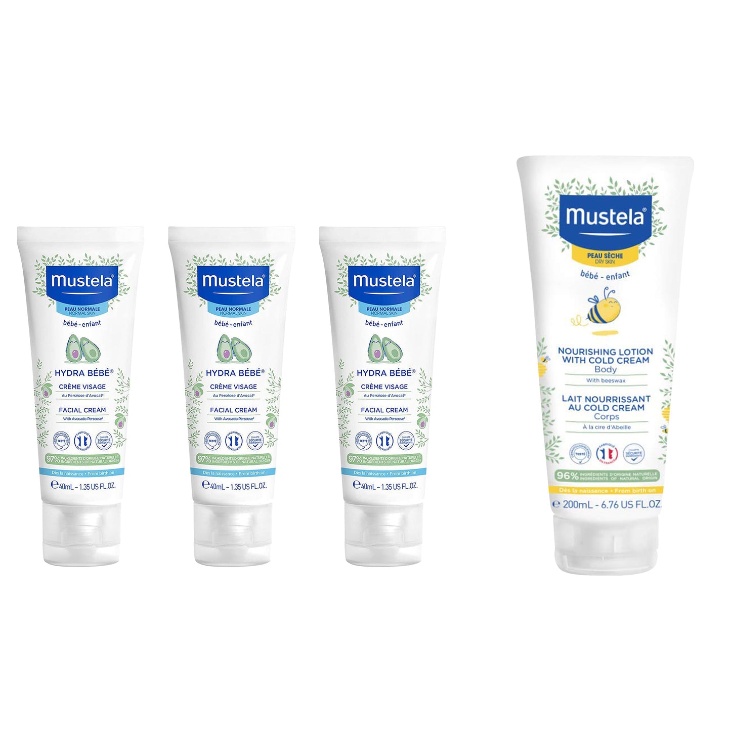 Mustela Hydra Bebe Facial Cream With Vitamin E 40Ml - Pack Of 3 + Mustela Nourishing Lotion Cold Cream 200Ml (Buy 3 Get 1) (3 X 